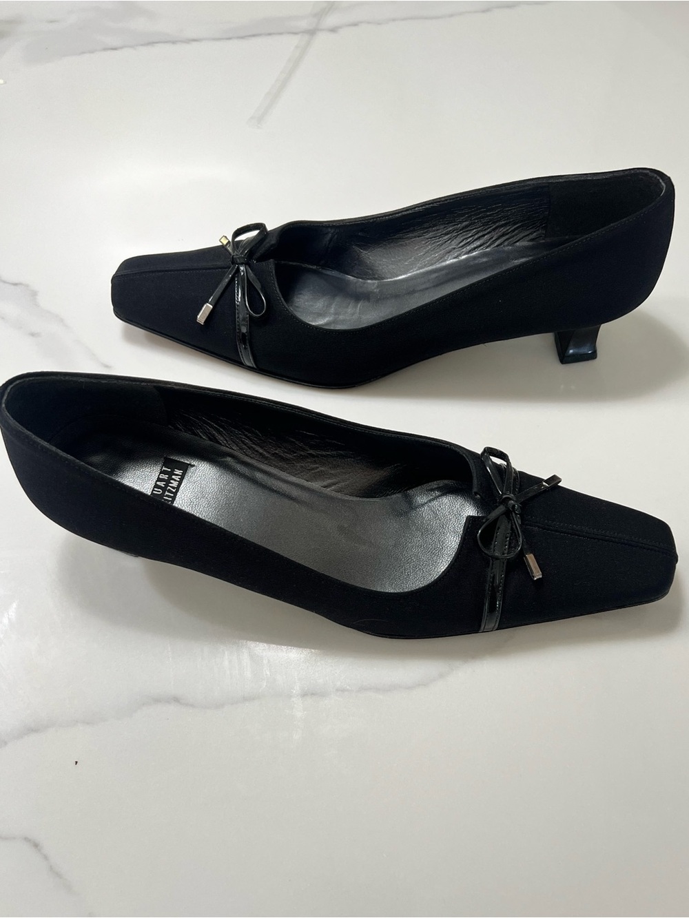 Stuart Weitzman Black Kitten Heel Ballet Pumps with Bow. Leather soles. Size 7